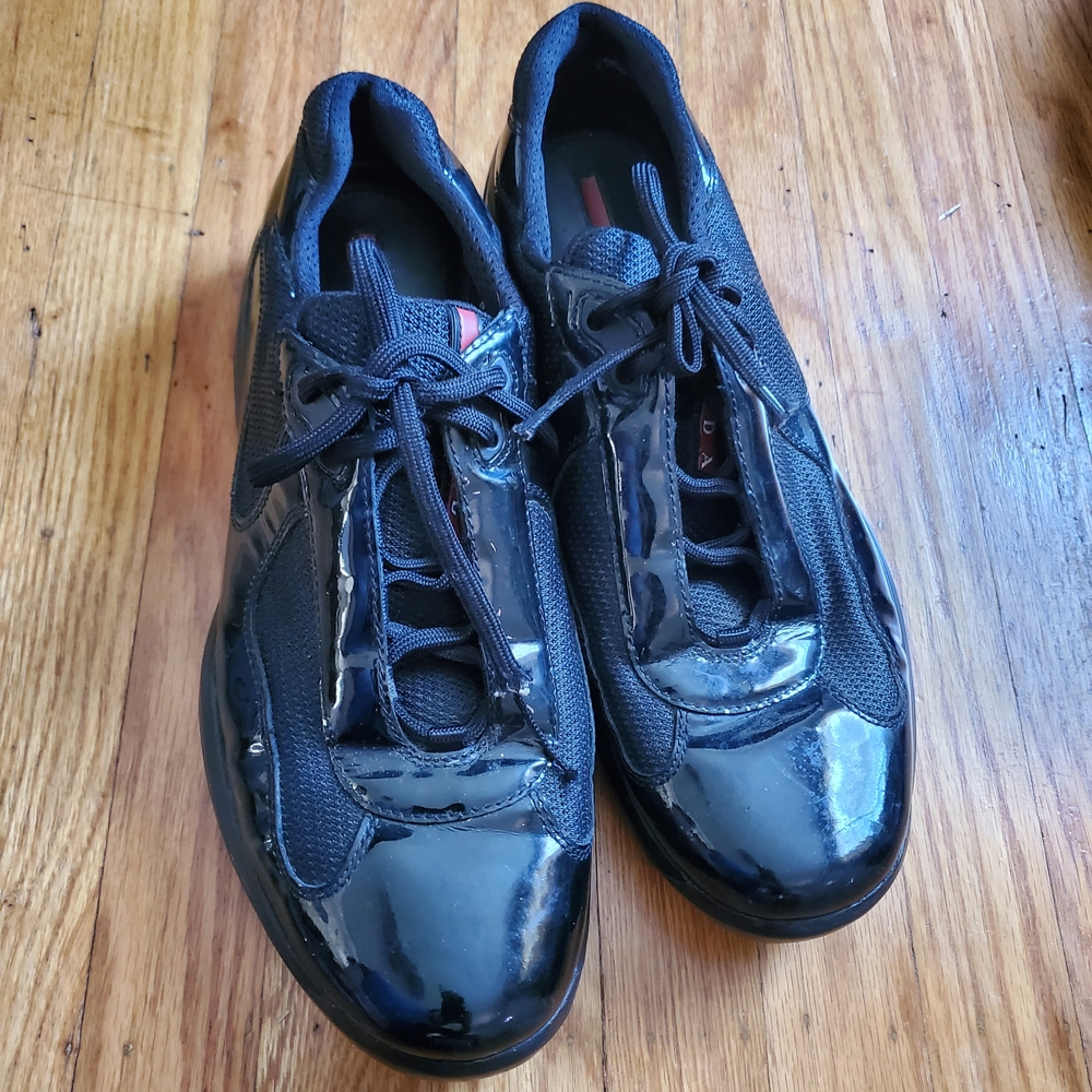 Prada Black Patent Leather+nylon Authentic Sneakers Mens Sz 10.5